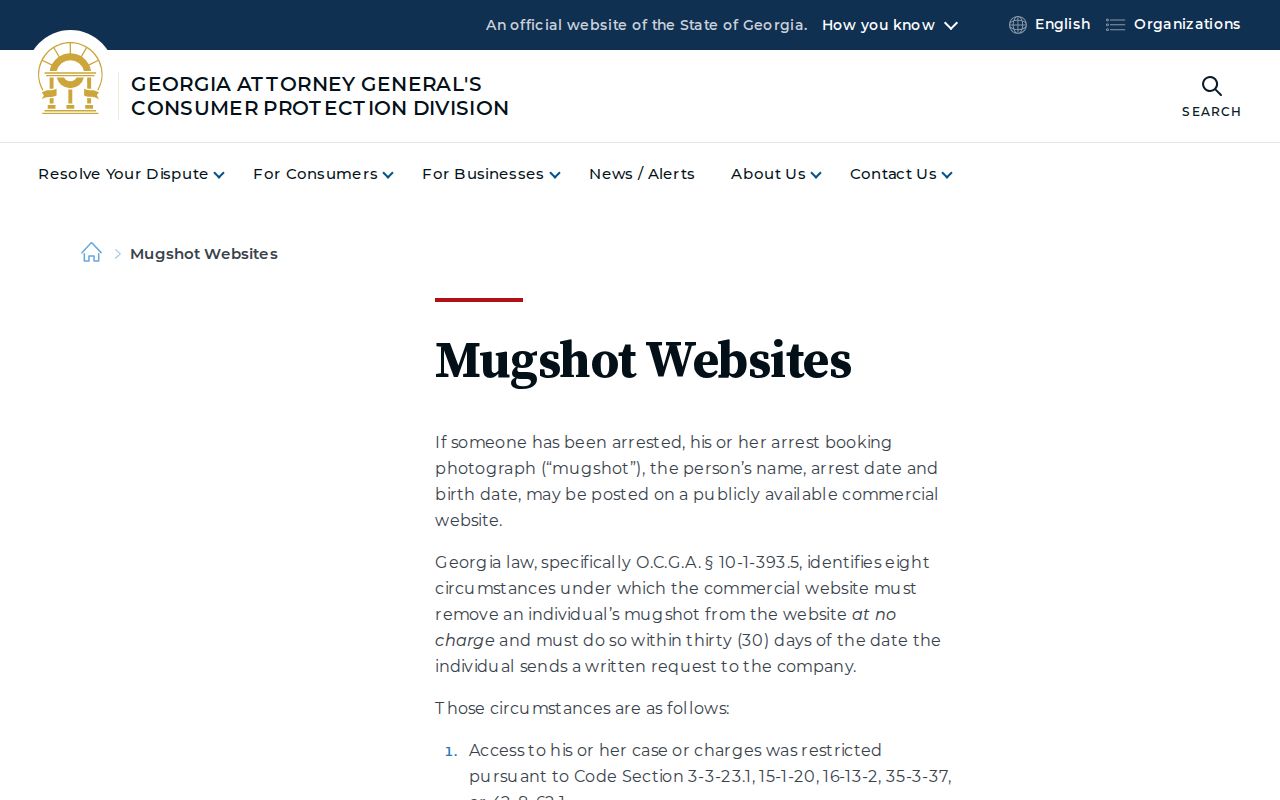 Georgia Attorney General guidance on mugshot websites and removal requests